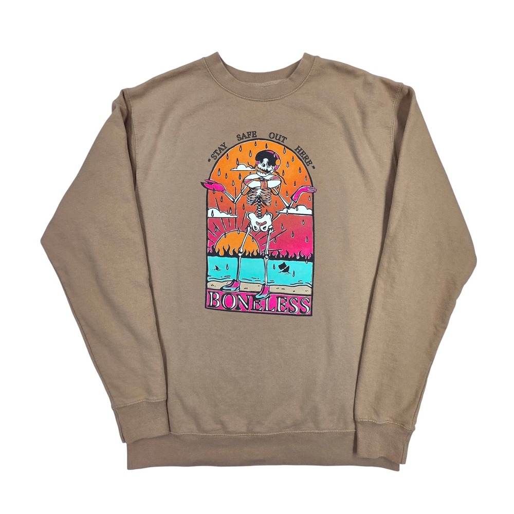 Smosh Boneless Skeleton Graphic Sweatshirt Tan Large SS3000P Stay Safe Out Here